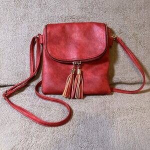 Red Crossbody Bag Tassels Zipper Astrology Lined Purse Gold Hardware